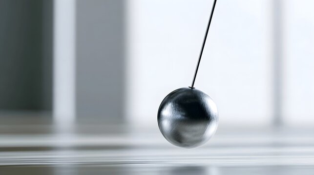 A metallic pendulum bob suspended by a thin rod  hanging in a minimalist modern interior with soft natural light