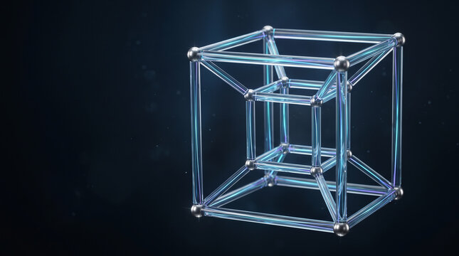Futuristic four-dimensional hypercube visualization representing multidimensional geometry