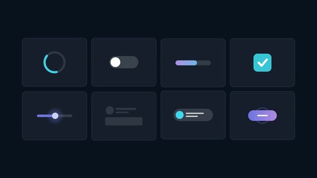 Animated User Interface Icons Set Featuring Loading Spinner Toggle Switch and Checkbox in Flat Style