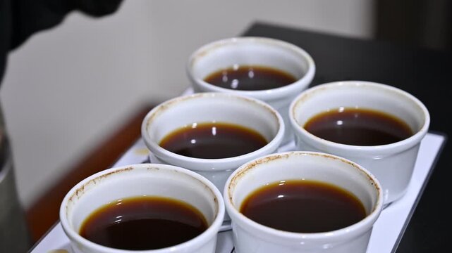 Professional barista preparing a coffee cupping session