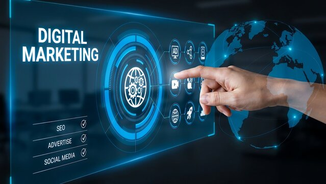 Digital marketing strategy interface with glowing icons and hand interacting on a futuristic screen