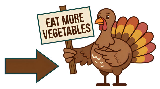 Cartoon turkey holding eat more vegetables sign