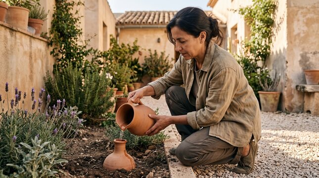 Home gardener refills an olla beside flowering plants