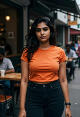 Fototapeta premium Diversity and inclusion, young woman standing in urban cafe, authentic portrait of millennial person in city lifestyle, casual fashion and street style