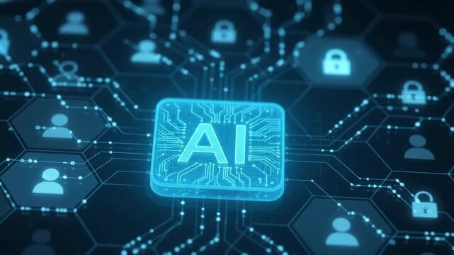 Finger pressing glowing square 3D AI button on futuristic cybersecurity interface