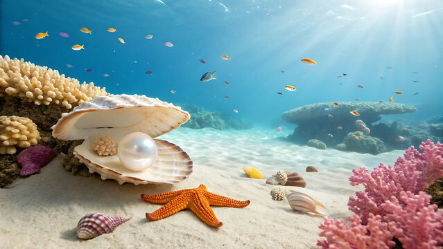 Open seashell with shiny pearl on sandy ocean floor with starfish and