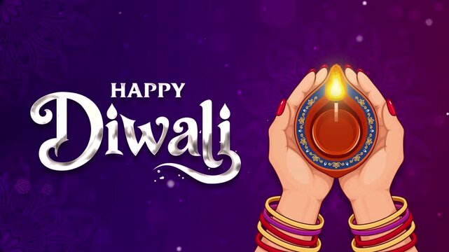 Happy Diwali Animated Handwriting Lettering Reveal with Silver Calligraphy, Decorative Mandala Background, Floating Bokeh Lights and Hands Holding a Traditional Glowing Diya