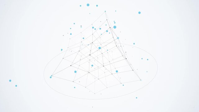Abstract 3 d geometric wireframe cube rotating with floating particles on white background, geometry
