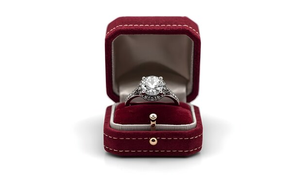 Elegant vintage diamond engagement ring in burgundy velvet jewelry