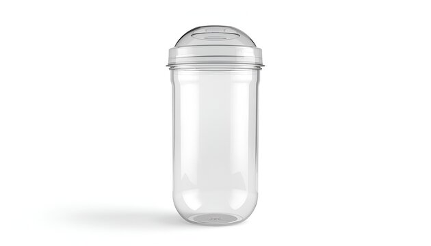 Empty transparent plastic drinking cup with rounded base and lid