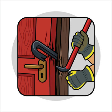Hands using a hammer and crowbar to break a door lock.