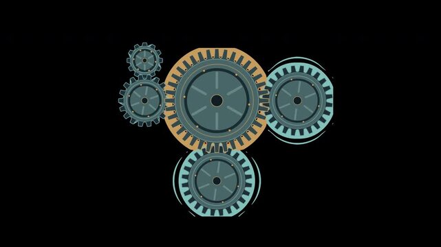 Interlocking engine gears rotating together on transparent background