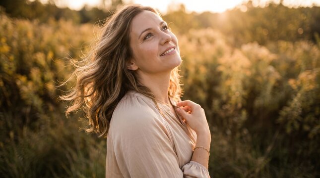 Woman smiling in breeze outdoors during golden hour with flowing hair and warm natural light, expressing happiness and freedom in peaceful meadow setting