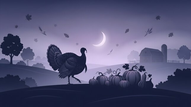 Silhouette of a wild turkey with pumpkins on a farm landscape under a crescent moon