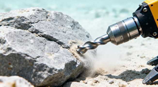 Closeup of power drill bit drilling into rock under water creating dust and debris on sandy surface