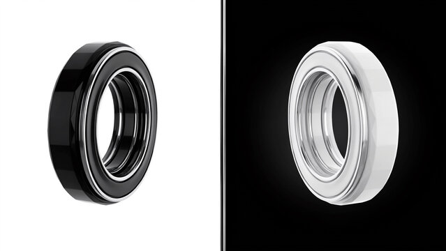 Two circular ring with metallic inner rims, one black and one white, displayed on split black and white backgrounds, 3d rendered