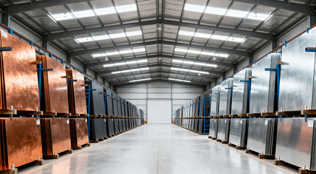 Organized industrial warehouse interior storing copper and aluminum sheets on heavy racks for manufacturing supply