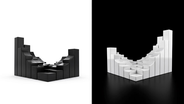Two sets of black and white bar charts arranged in au-shape, displayed against a split black and white background, with smooth reflective surfaces