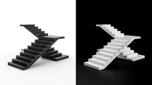 Two sets of stairs, one black and one white, arranged in a symmetrical cross formation against a split black and white background, 3d render