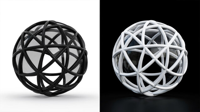 Two spherical wireframe structures displayed side by side, one black on a white background, and one white, on a black, background, 3d rendered