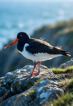 Eurasian oystercatcher standing on coastal rocks, wildlife conservation and nature photography, bird watching and avian biology in natural habitat