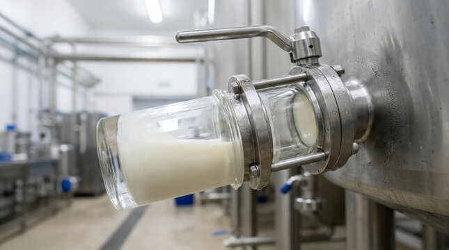 Glass of fresh milk being filled directly from stainless steel machinery in a modern dairy processing facility.