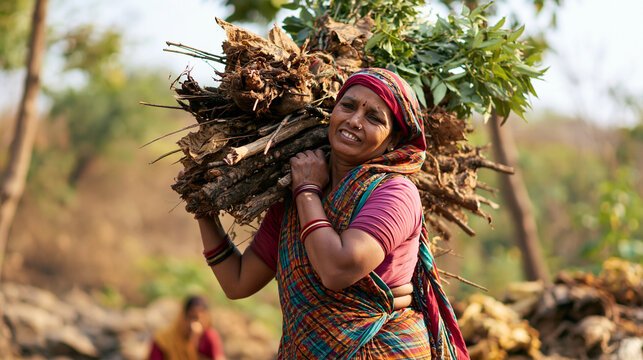 Woman Carrying Large Bundle of Firewood on Shoulder - Rural Life, Subsistence, and Daily Struggle in India