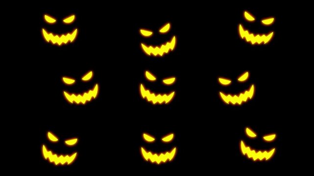 Spooky glowing jack-o-lantern faces background, halloween scary demon expressions animation pumpkin