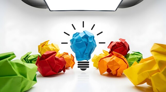 Creative brainstorming concept with a blue crumpled paper light bulb standing out among colorful failed ideas on a white surface in a professional studio setting with bright softbox lighting.