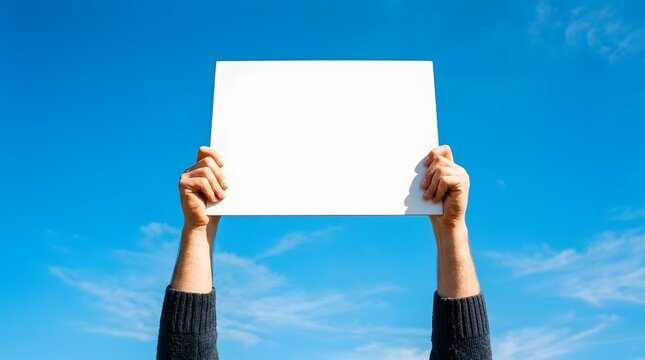 Man's hands holding a blank white placard against a clear blue sky background. Empty sign board for custom text, message, or protest concept during a sunny day with copy space.