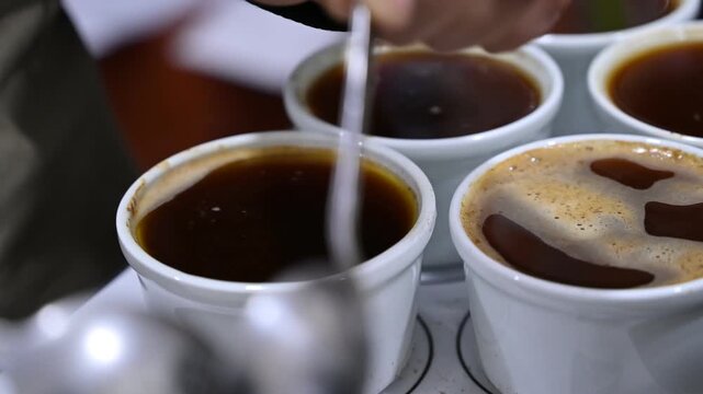Professional barista preparing coffee cupping session