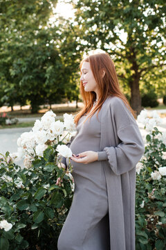 Stylish smiling pregnant woman wearing maternity clothes with rose flowers in garden outdoors. Prenatal lifestyle. Spring season. Motherhood.