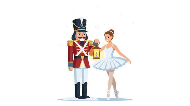 Flat design vector illustration featuring a traditional toy nutcracker soldier in a red uniform holding a glowing lantern alongside a graceful ballerina in a white tutu with snowflakes.