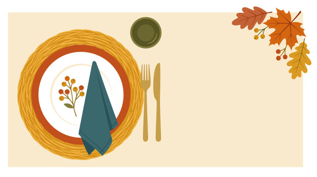 Autumn table setting flat lay vector illustration featuring a white plate, woven placemat, teal napkin, gold cutlery, and decorative fall leaves and berries on a neutral background.