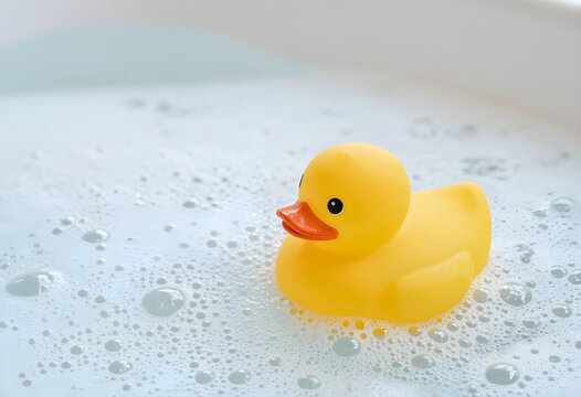 Childhood nostalgia and bath time fun, yellow rubber duck floating in a bathtub filled with soap bubbles and water for hygiene and relaxation