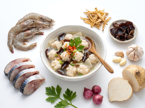 Indonesian Tekwan soup with fish balls, mushrooms, and fresh ingredients on white background