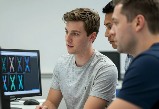 Genetics research and medical analysis, scientists examining chromosome karyotype data on computer screen in laboratory for biotechnology development