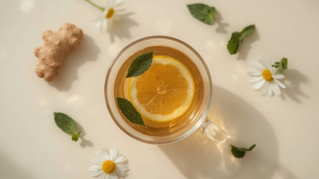 Healthy immune boosting concept with ginger lemon tea, honey and mint leaves for winter wellness remedies
