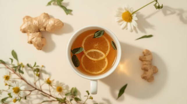 Healthy immune boosting concept with ginger lemon tea, honey and mint leaves for winter wellness remedies

