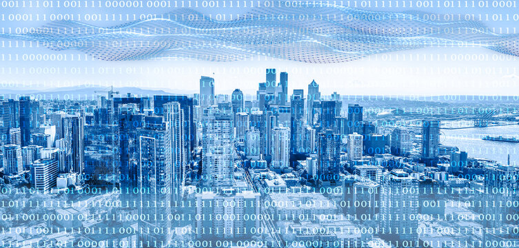 digital data algorithm wave and binary code overlay over modern city skyline with skyscrapers, symbolic smart city background