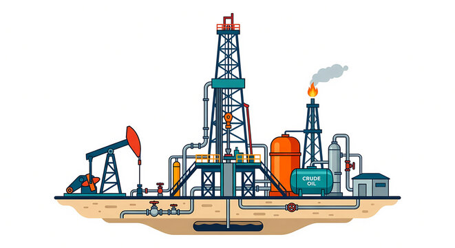 Flat vector illustration of oil rig drilling platform and refinery equipment for fossil fuel extraction on white background