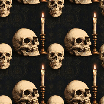 Repeating skull and candle pattern on dark ornamental background. Halloween and Day of the Dead design. Gothic vintage illustration for fabric, wallpaper and print