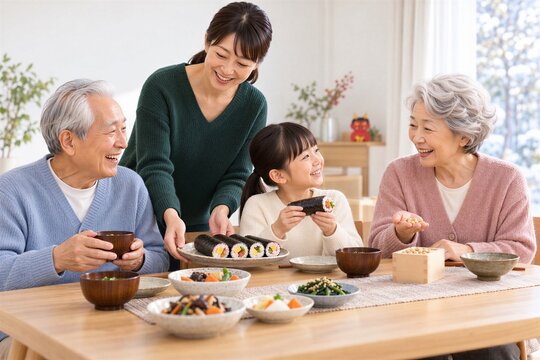 節分の食卓で恵方巻と豆を楽しむ日本人の三世代家族