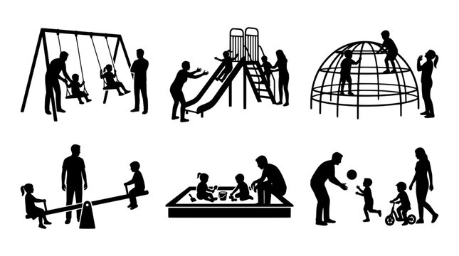 Playground silhouettes set with families on swings, slide, climbing dome, seesaw and sandbox for recreation