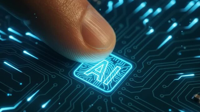 Finger pressing glowing square AI button on motherboard circuit traces in dark room