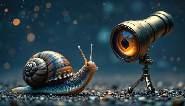 Surreal curious snail looking into a mini telescope with a glowing eye lens