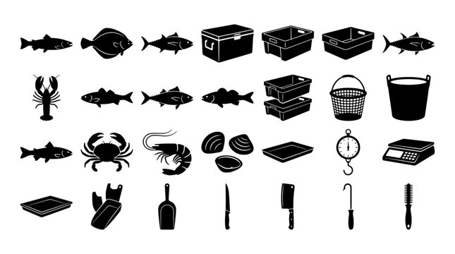Seafood and fish silhouettes set with crab, lobster, shrimp, shellfish, fish, and market equipment for logo or signage