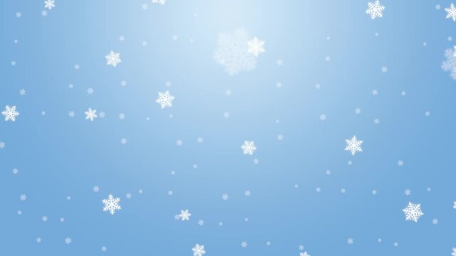 白い雪の結晶がゆっくり回りながら舞い落ちる淡い青の背景 ループ動画