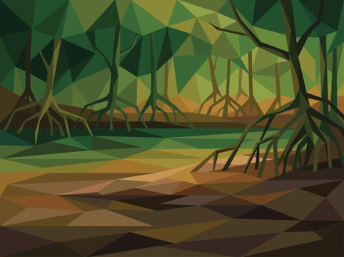 Geometric Mangrove Forest with Exposed Roots and Water