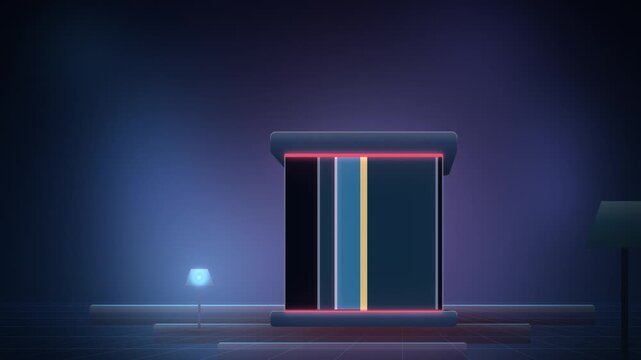 Blue revolving glass door glowing passkey login tilted view appearing
